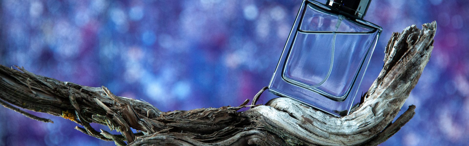 front-view-cologne-bottle-rotten-tree-branch-isolated-blurred-purple-background